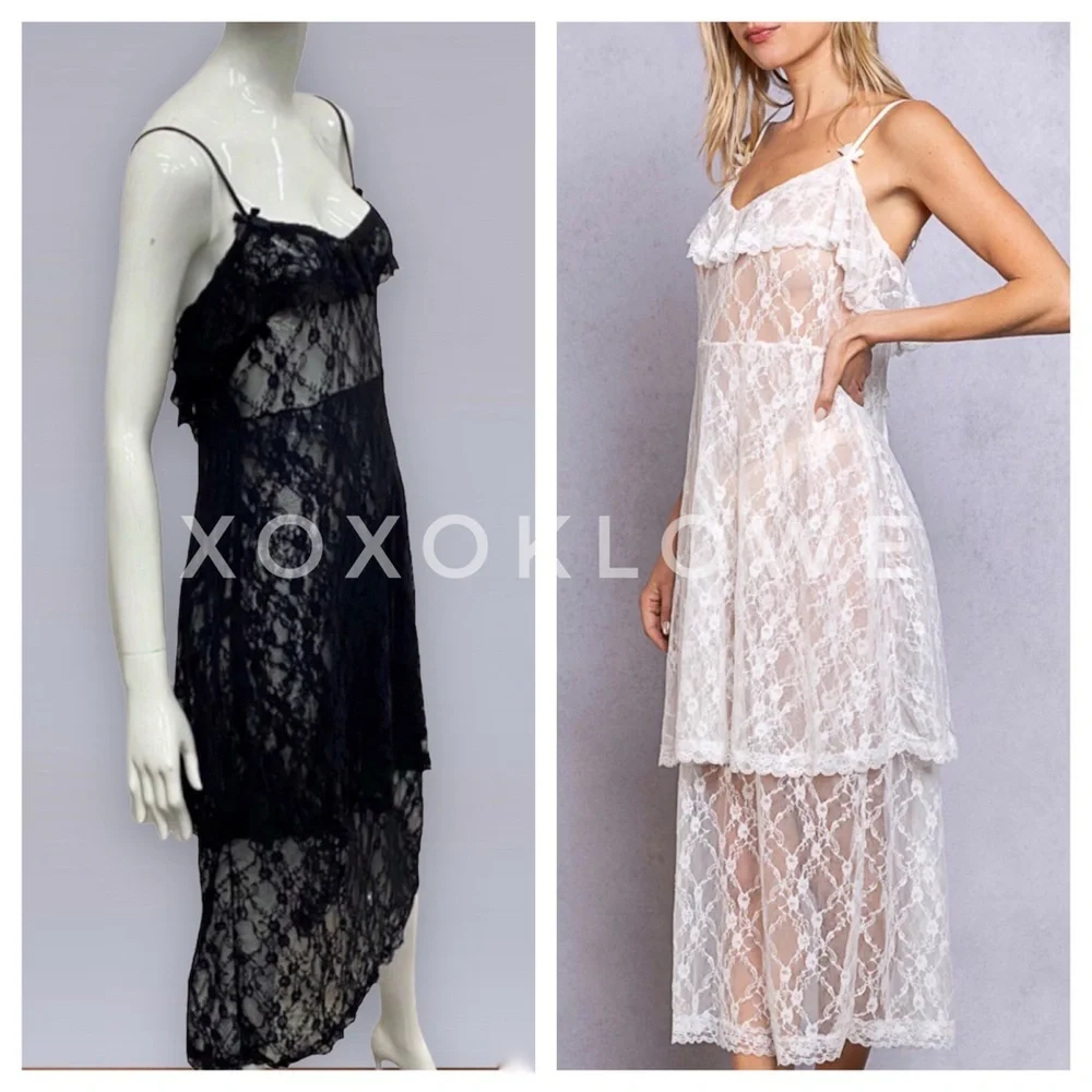 POL Black Sheer Lace Ruffle Tiered Layering Slip